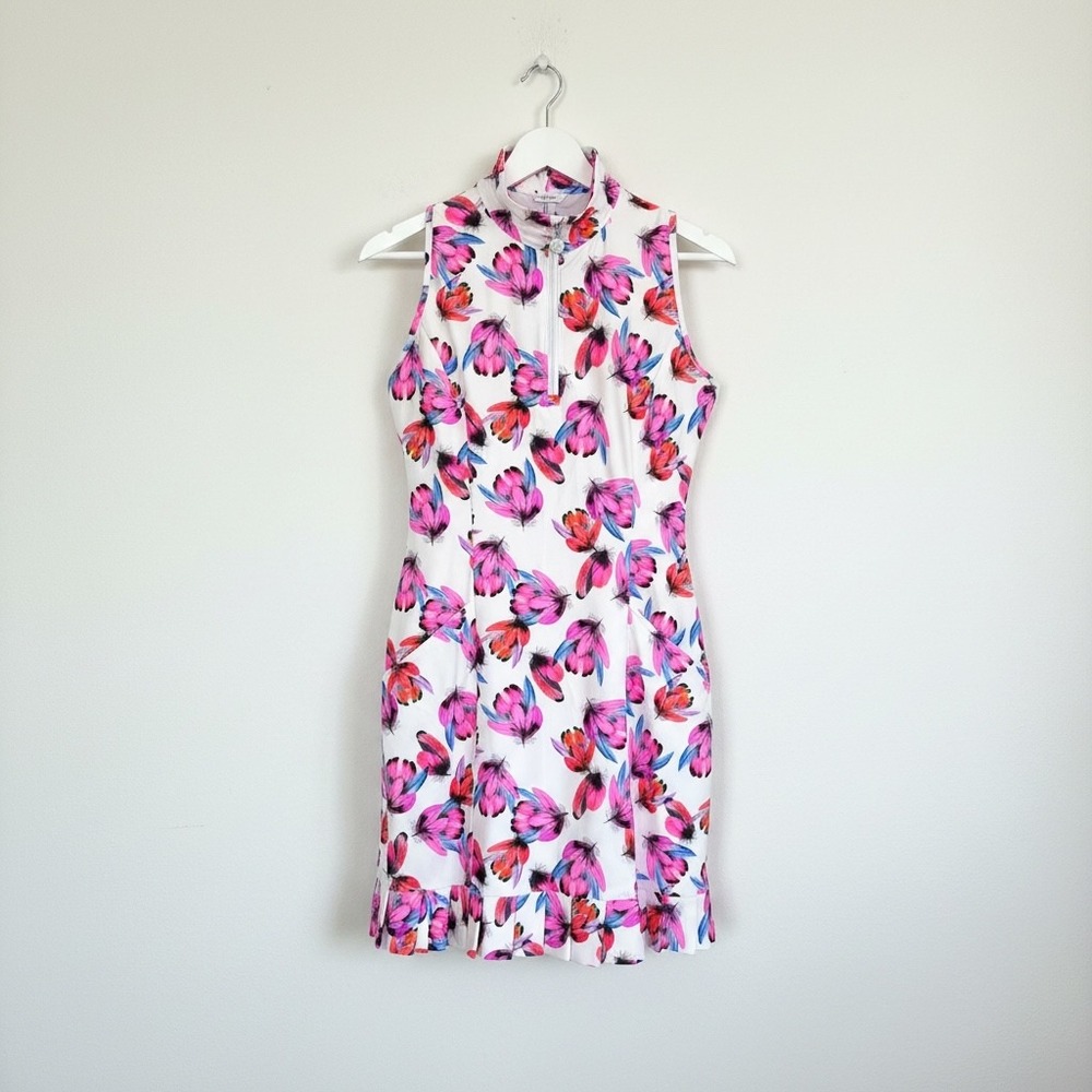 Tzu Tzu Sport Shiloh Flutter 1/4 Zip White Pink Feather Floral Dress Large